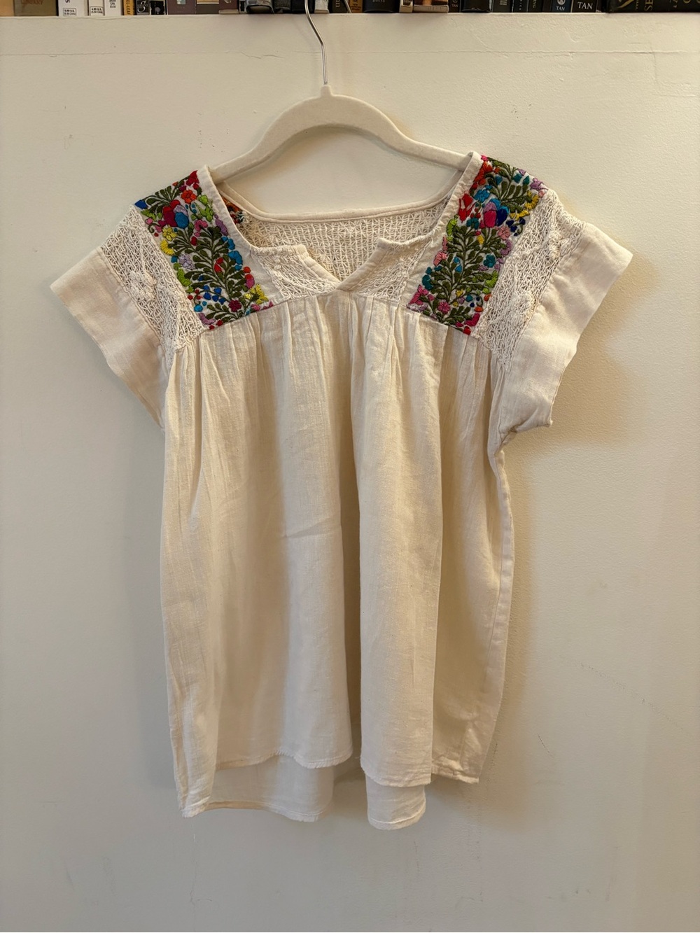 Embroidered Cream Cotton Peasant Top - Floral Yoke